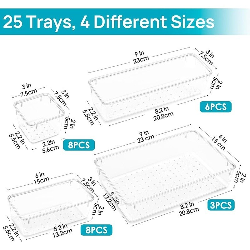 5 PCS Plastic Drawer Organizers Set 4-Size Versatile Bathroom Vanity Organizer