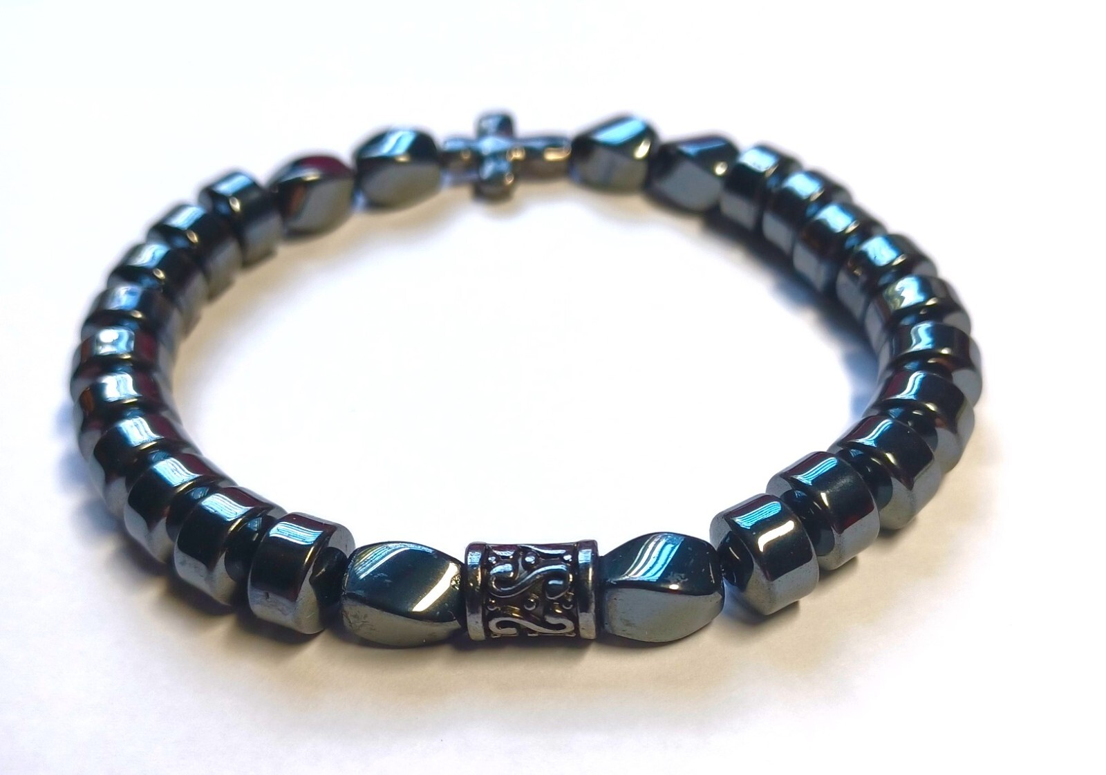 Chic Hematite Beaded Bracelet with Cross Charm