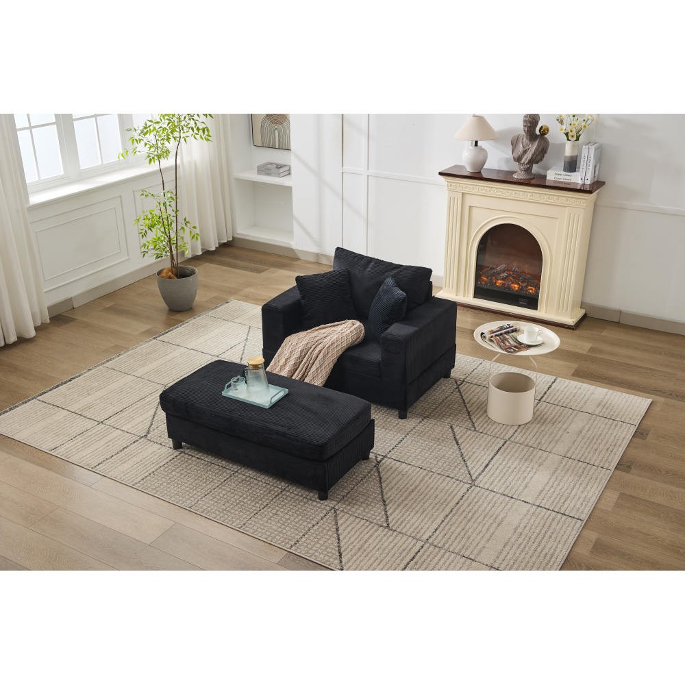 Modern Chaise Lounge Chair w/ Removable Ottoman & Pillows, Black Corduroy