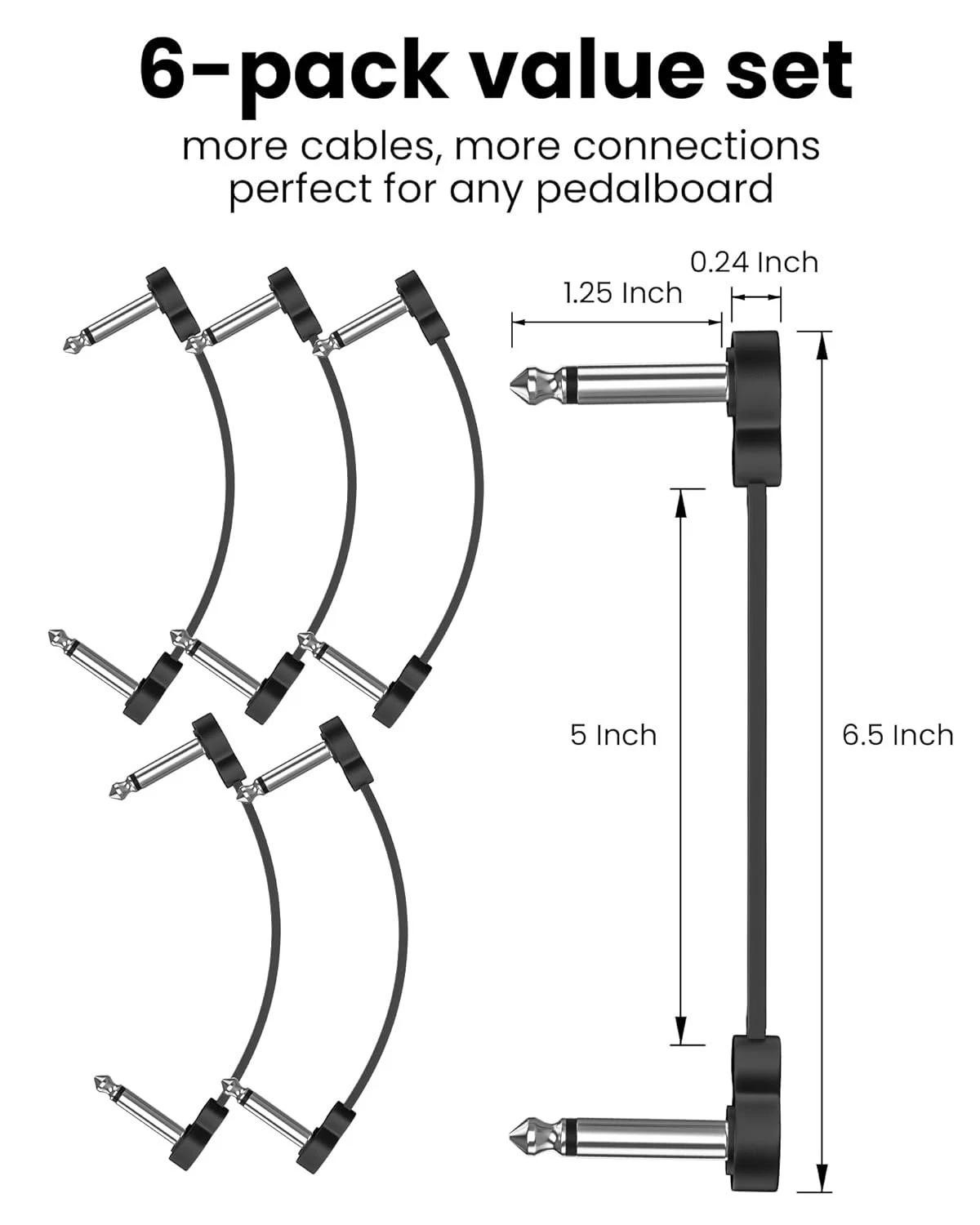 6 Pack 5" Guitar Patch Cables 1/4" Right Angle Low Profile Pedalboard
