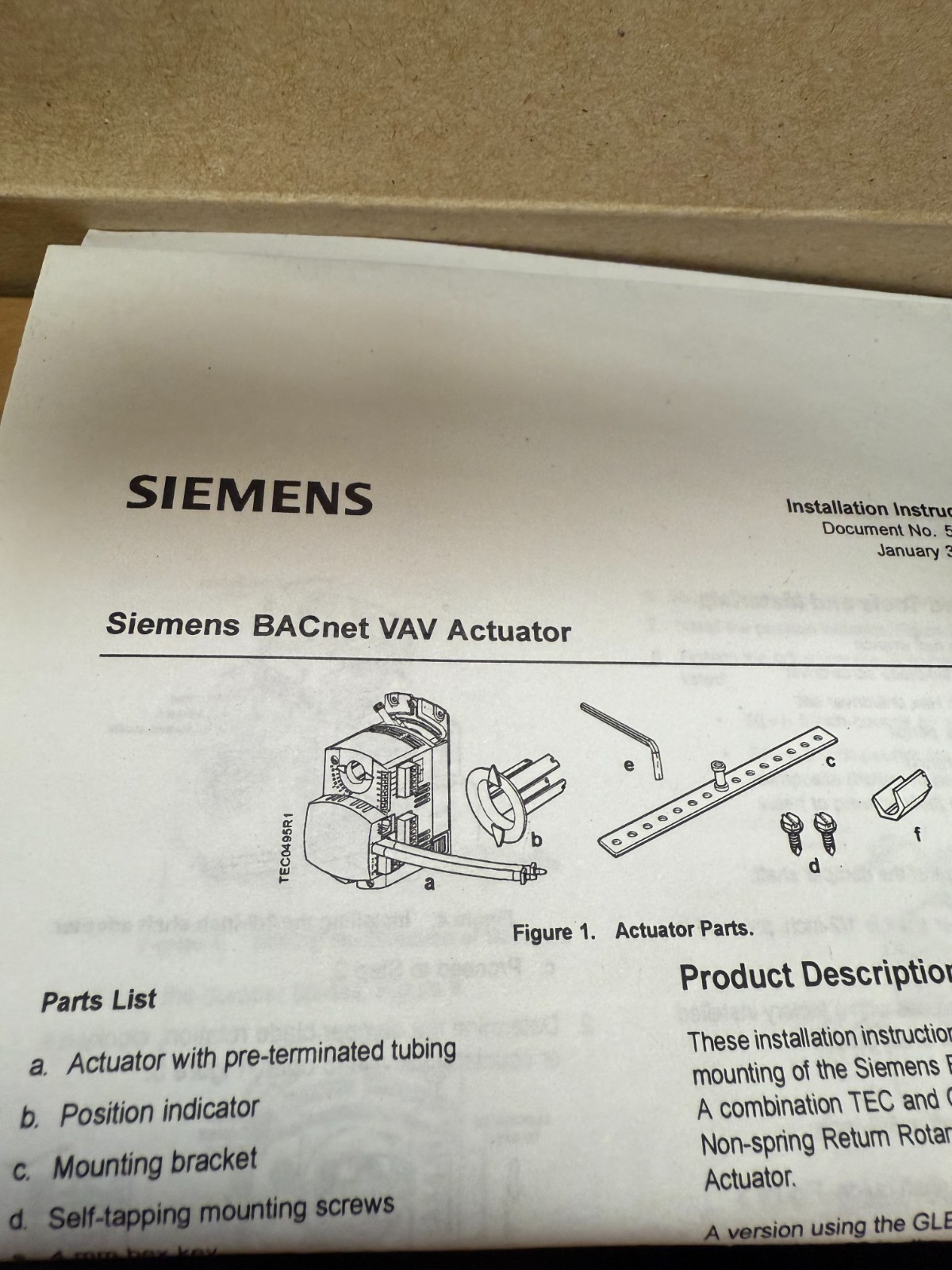 Siemens 550-431 Actuator 24 V BACnet VAV GLB missing mounting bracket Unit