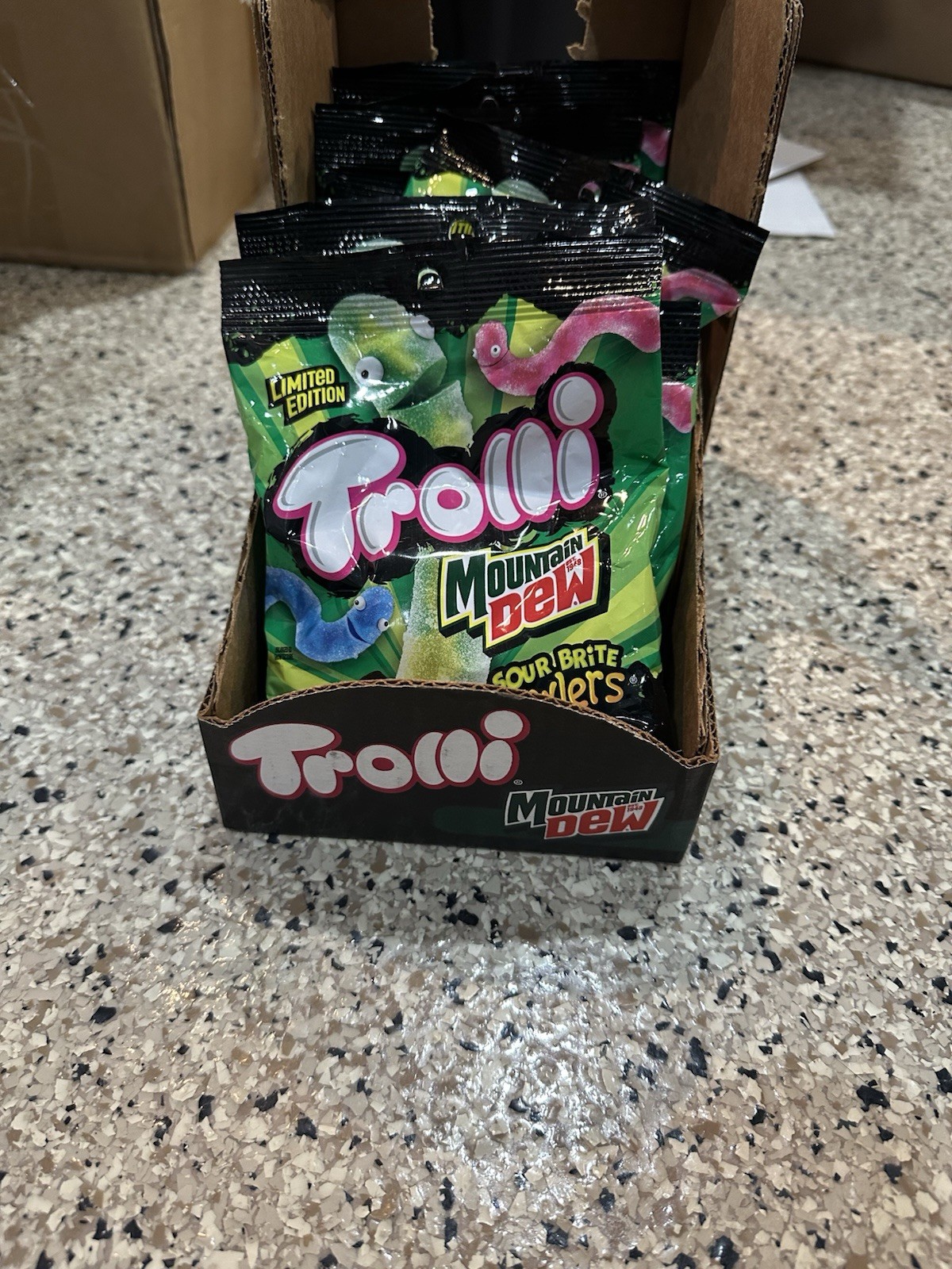 9 Packs W Tray Trolli Mountain Dew Sour Brite Crawlers Gummy Worm Candy 4.25 oz