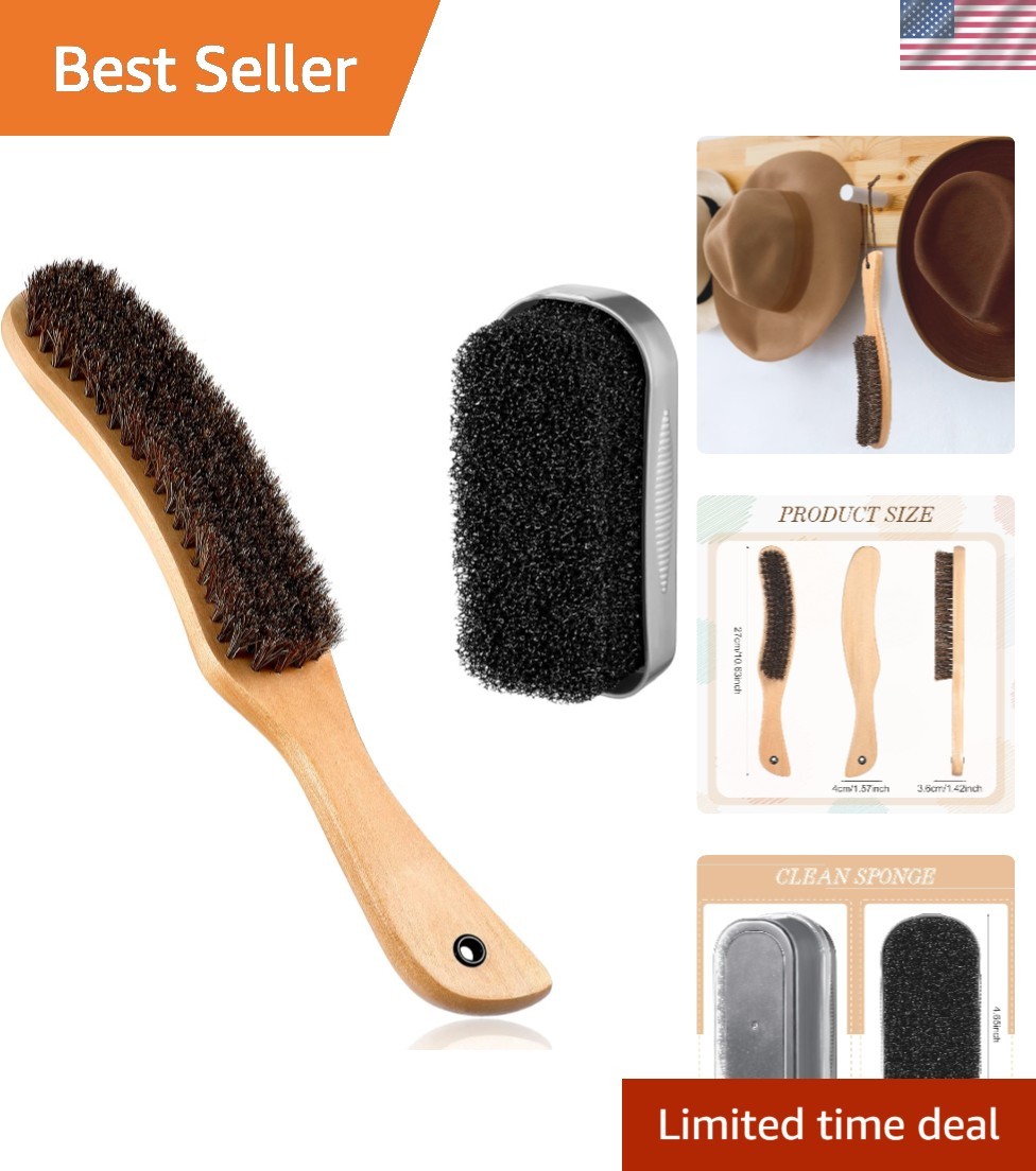 Luxury 2 Pcs Horsehair Hat Brush Kit & Lint Cleaning Sponge - Wooden Finish