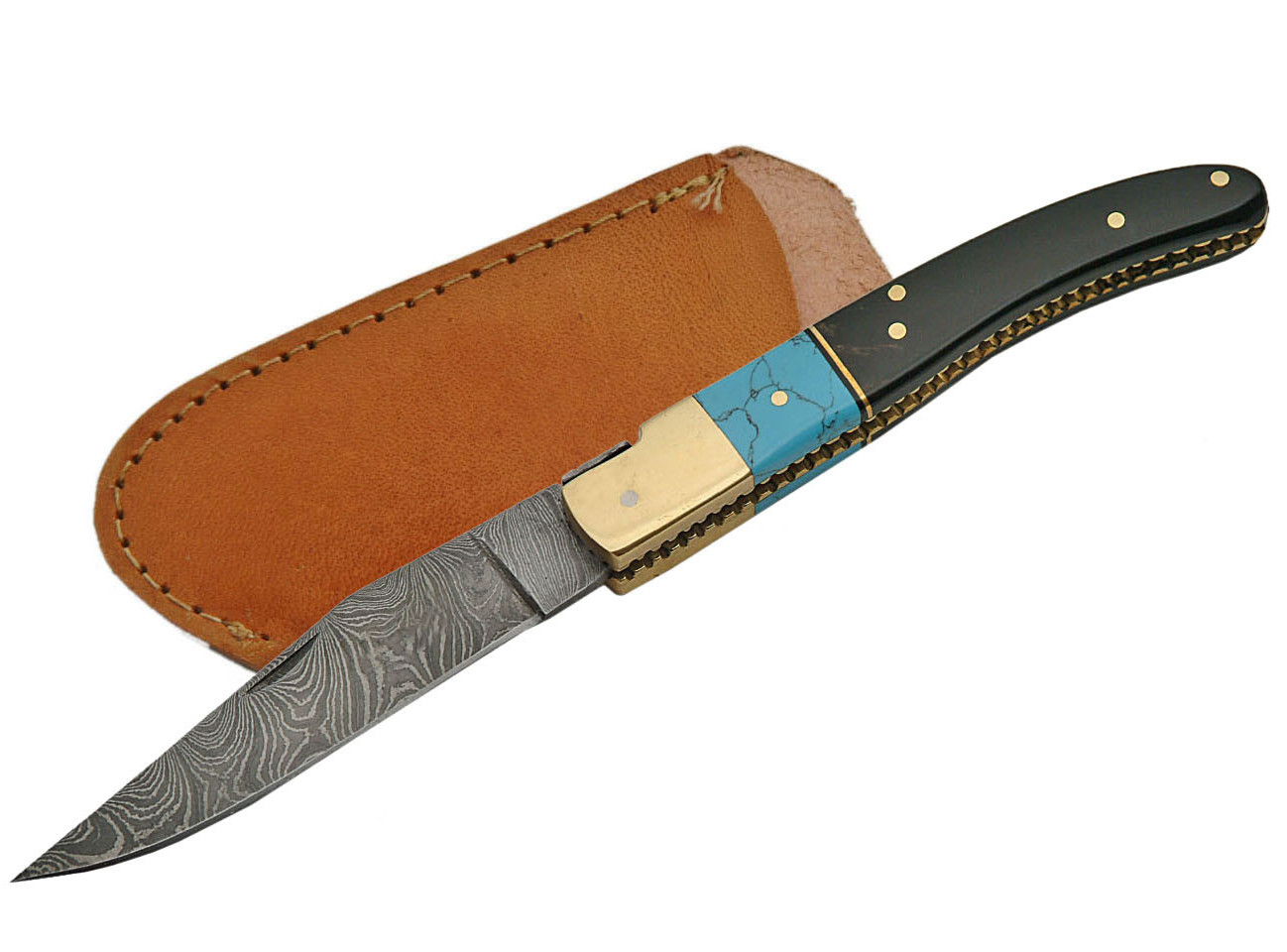 FOLDING POCKET KNIFE | Damascus Steel Blade Turquoise & Black Horn + Sheath