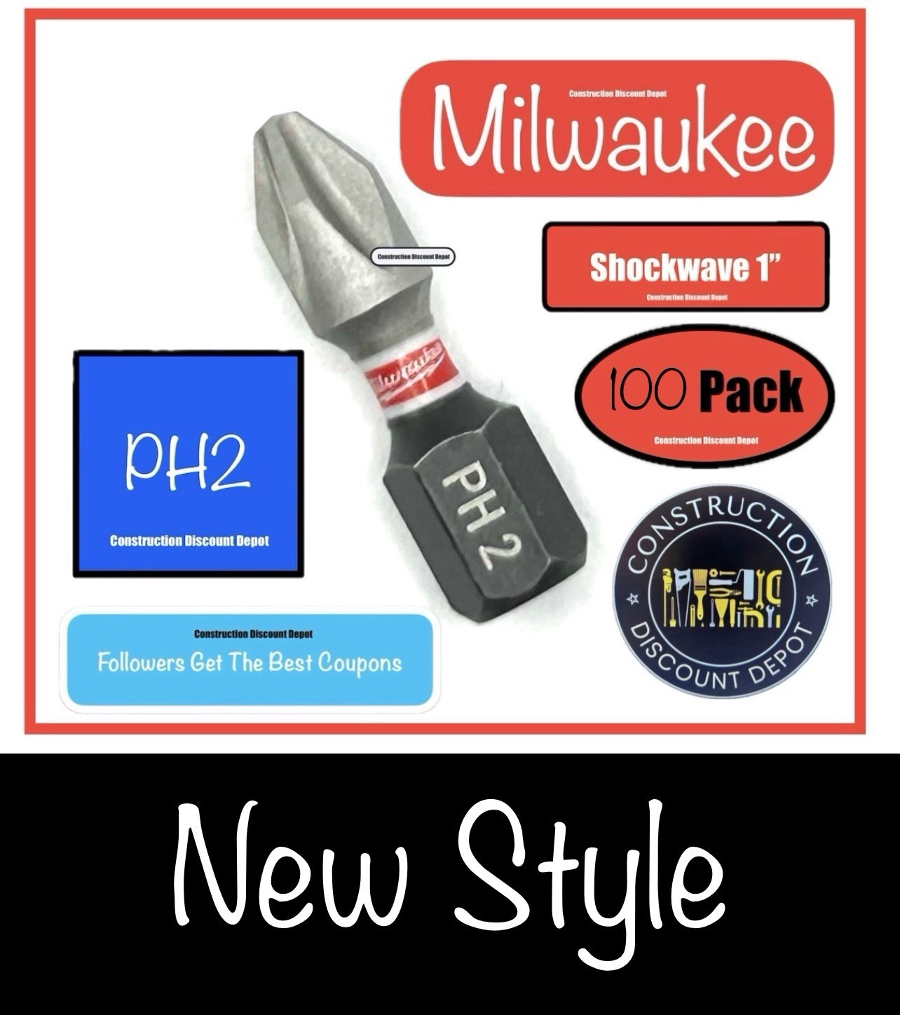 Bulk 100 Pack Milwaukee Shockwave Impact Duty Phillips #2 PH2 Screw Drill Bit 1"