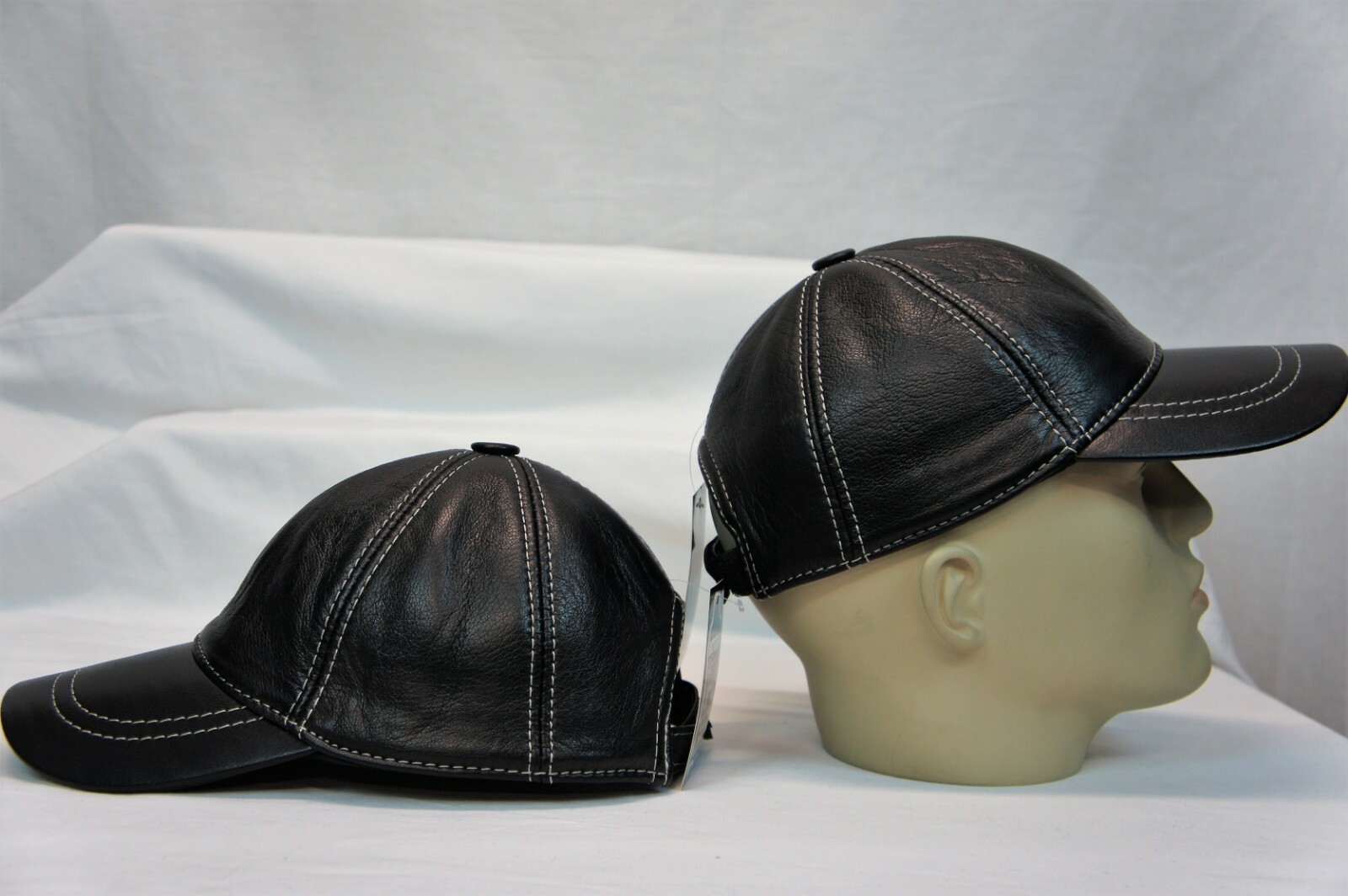 Black 100% Genuine Real Lambskin Leather Baseball Cap Hat Visor WHITE THREAD NWT