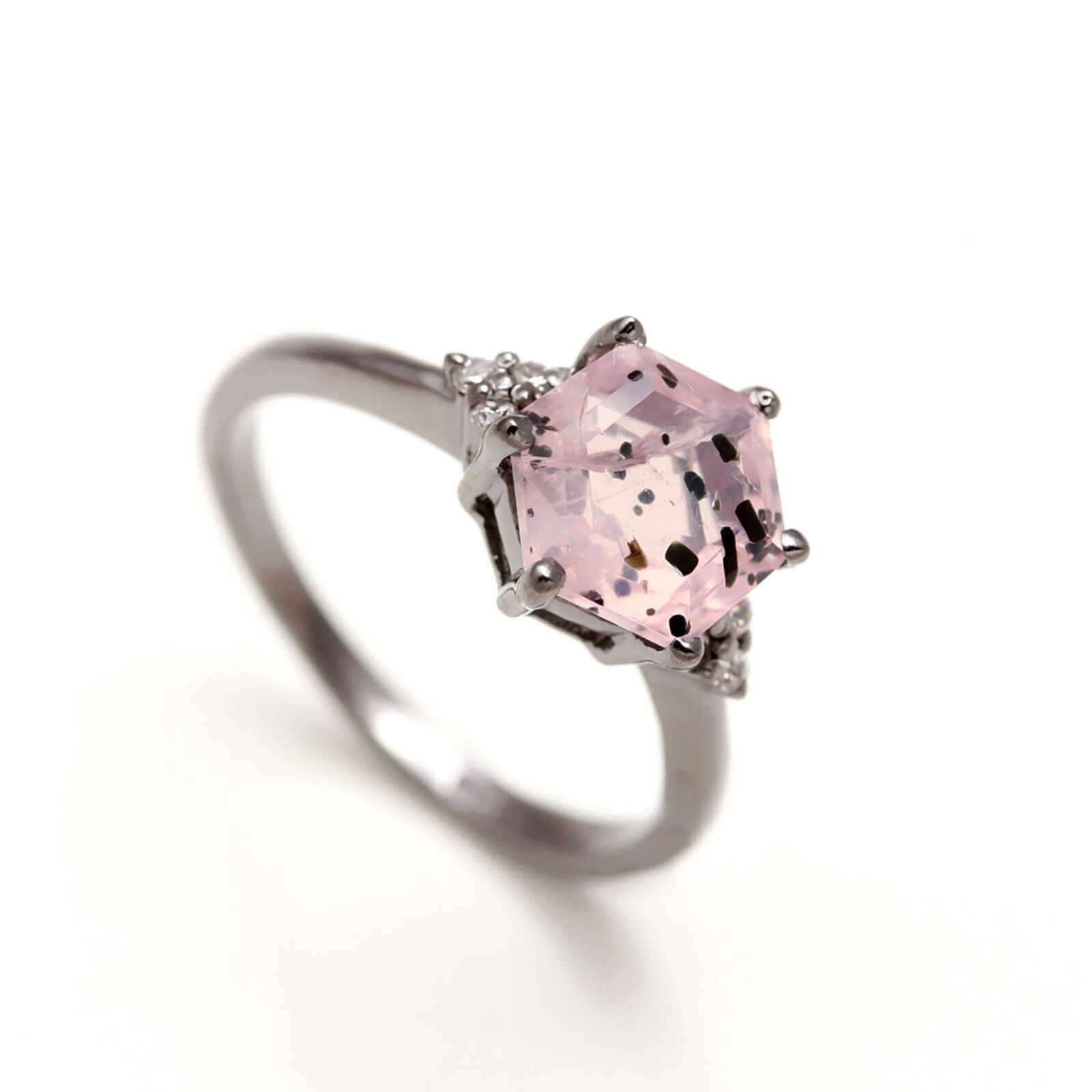 Natural Pink Dot Quartz Hexagon Shape Ring Solid Silver Black Oxidized Jewelry