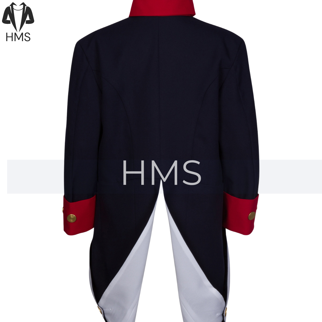 Men's George Washington Revolutionary War Coat, Navy Blue Red Wool Lapel Costume