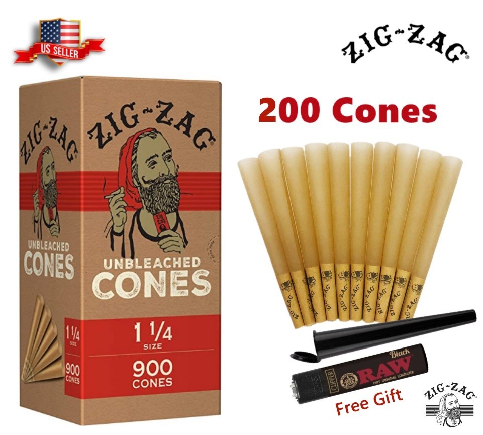 Zig-Zag Unbleached Paper Cones 1 1/4 Size 200 Pack & Black Tube & Lighter