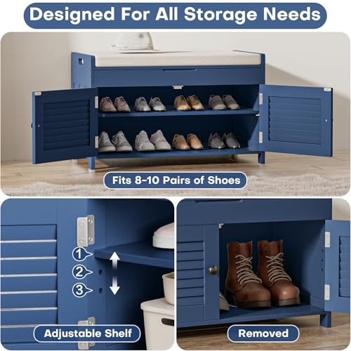 Shoe Storage Bench with Lift Top Storage, Entryway Bench with Cushioned Blue