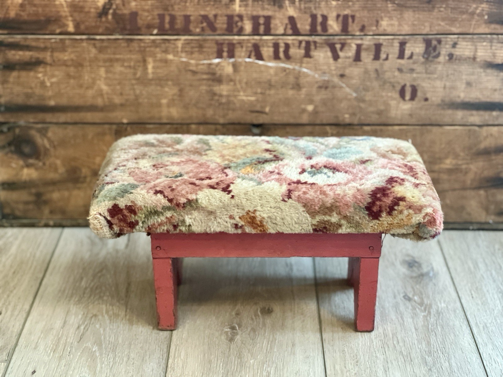 Vintage Upholstered Carpet Wood Farmhouse Stool