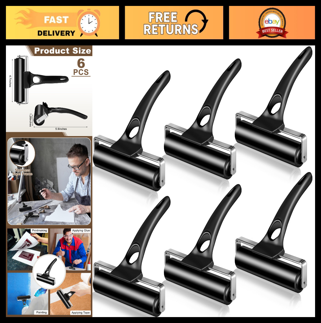 6 Pack 4.7" Rubber Brayer Rollers for Printmaking, Ink Application & Crafting