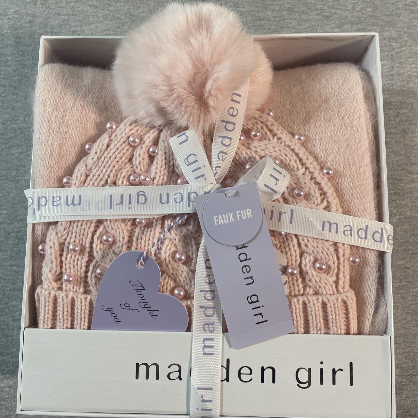 Madden Girl Winter Hat & Scarf Set Blush Color NWT In Gift Box