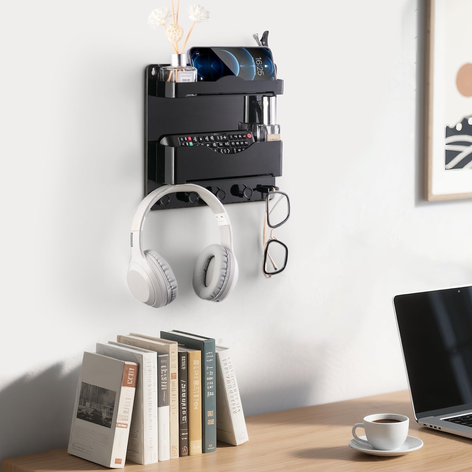 Bedside Wall Shelf with Glasses Hooks ，Adhesive Bedside Organizer Wall Mount ...