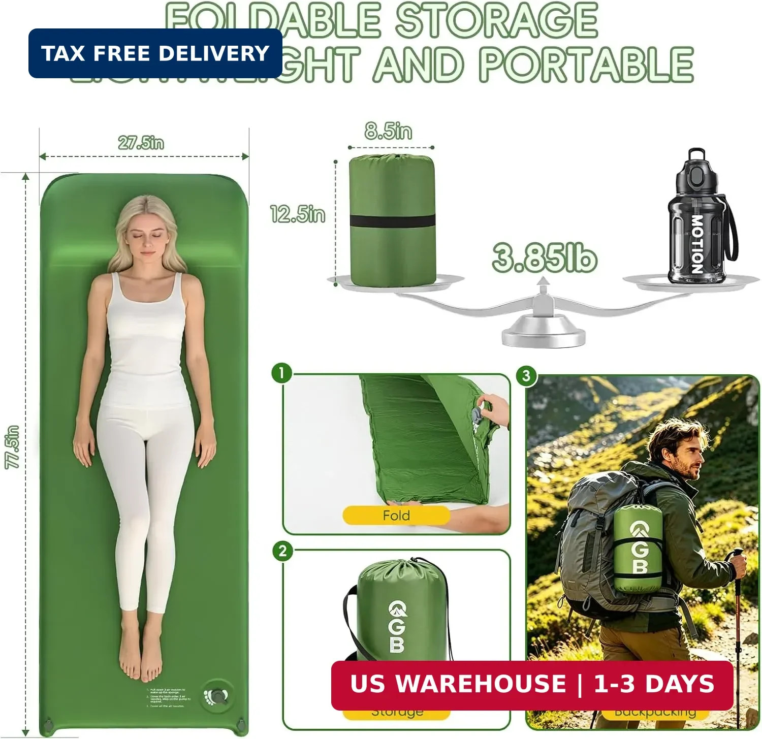 Memory Foam Camping Sleeping Pad, Foldable and Portable Self-Inflating Camping M