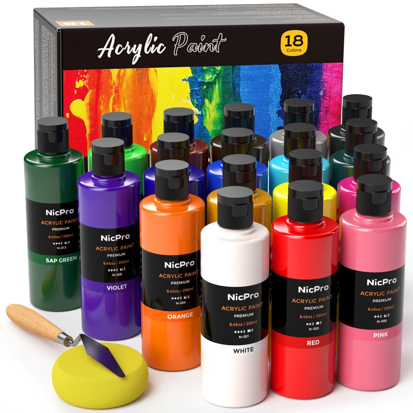 Nicpro 18 Colors Large Acrylic Paint Set, 8.45 Fl Oz (Pack of 18), 18
