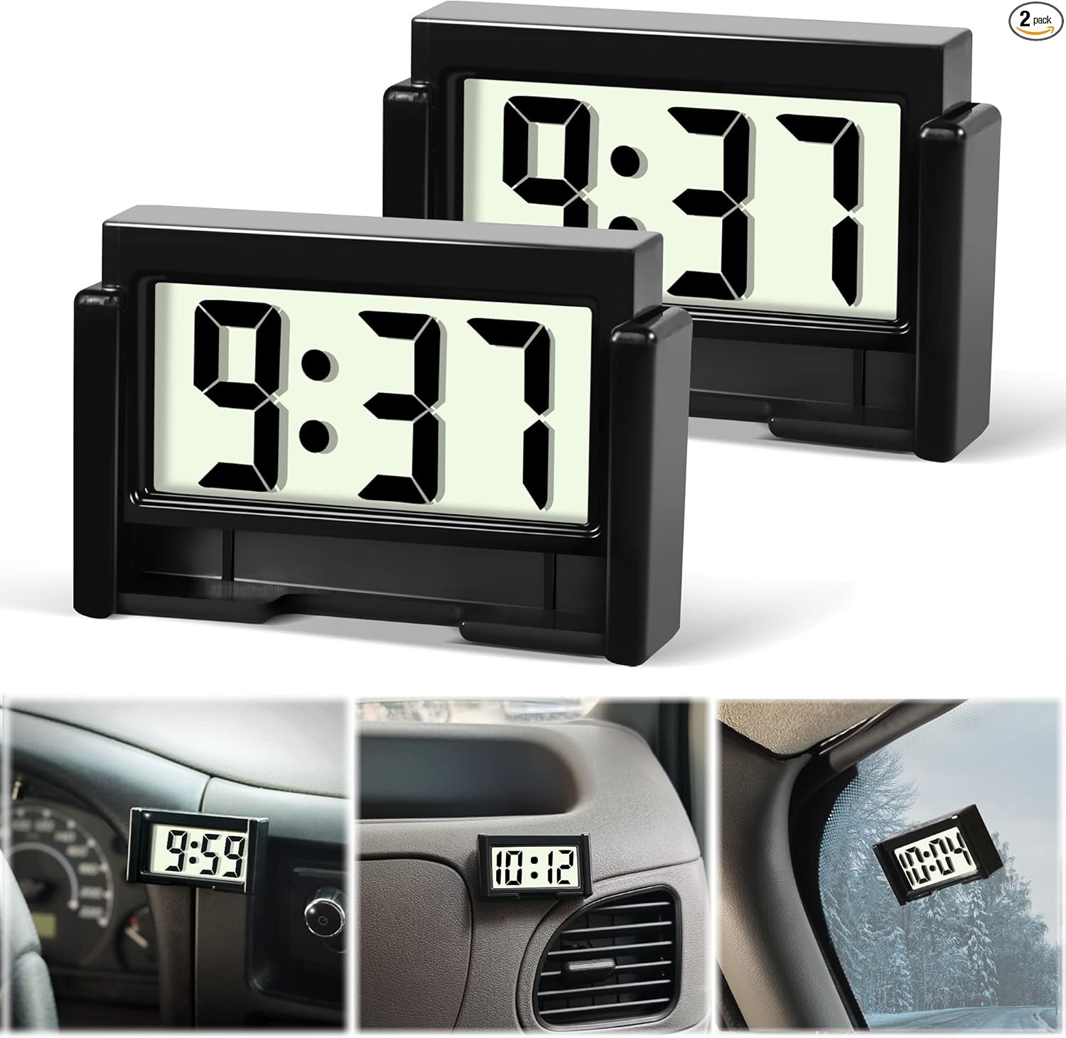 Car Dashboard Digital Clock - Vehicle Adhesive Clock  Color: Black - Pack of 2