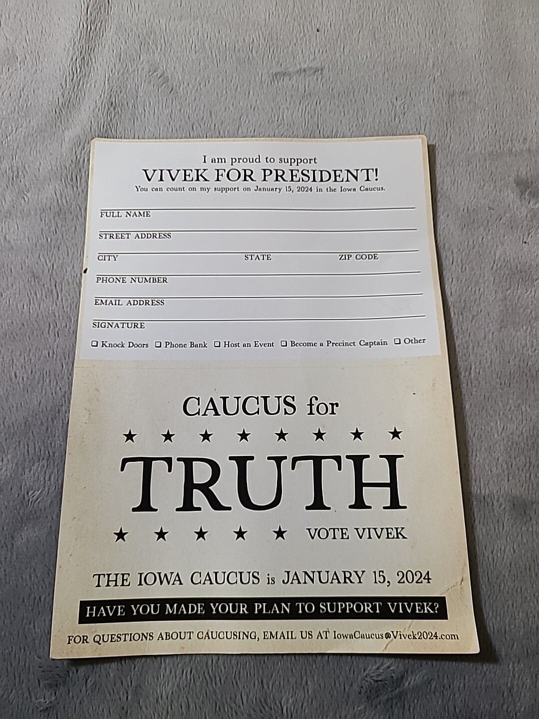Vivek Ramaswamy Caucus Card Iowa 2024 Presidential Candidate