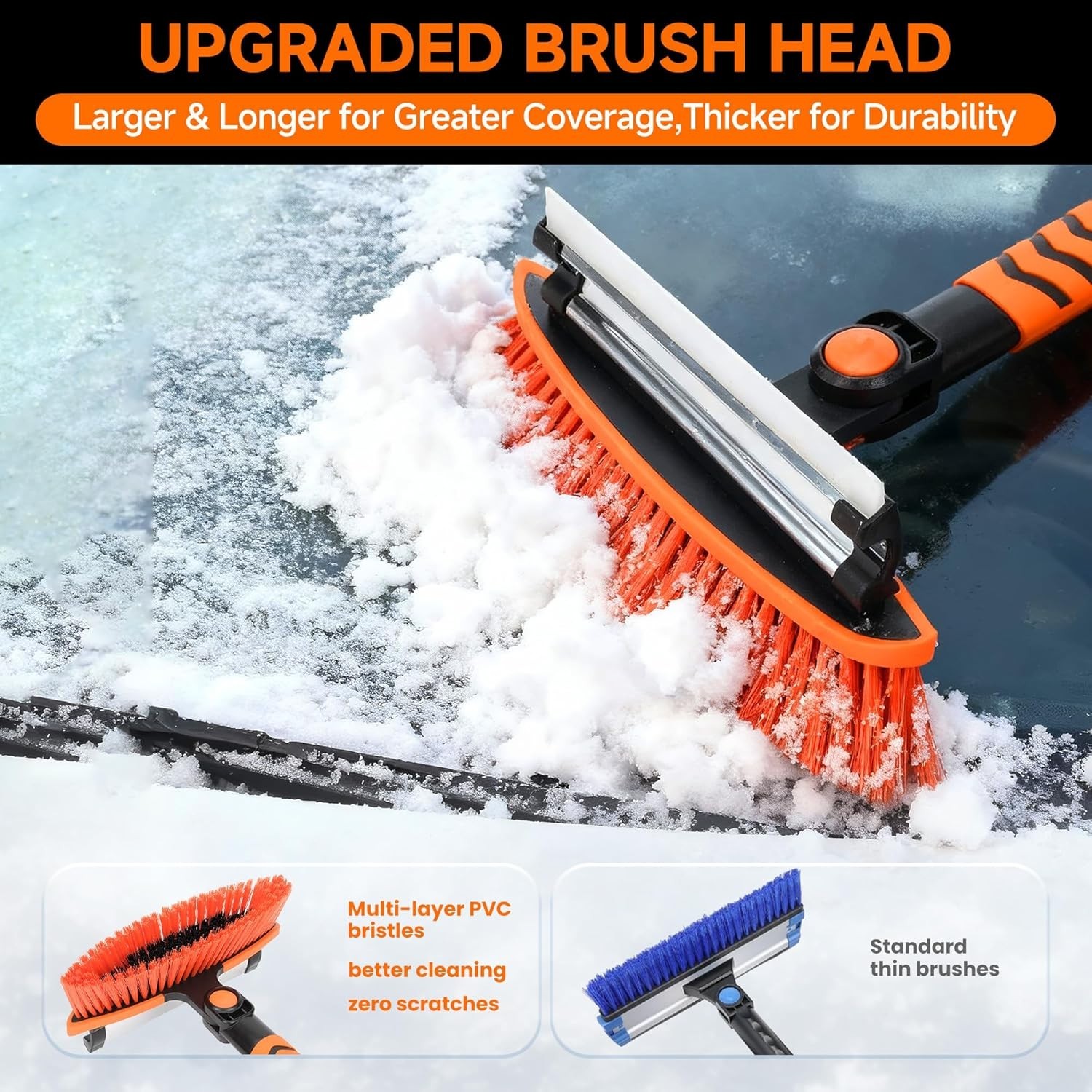 3-in-1 Car Snow Brush Ice Scraper Squeegee 43" Extendable 180 Pivot Windshield