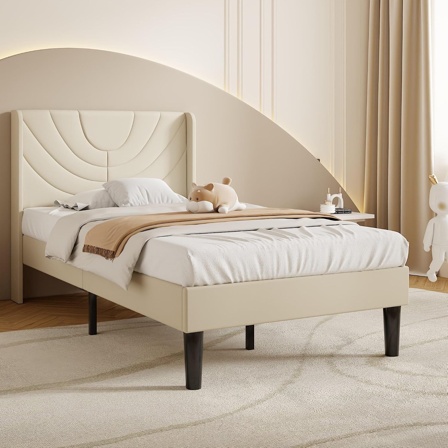 Twin Size Bed Frame Upholstered Platform with Wave Fabric Headboard/Wooden