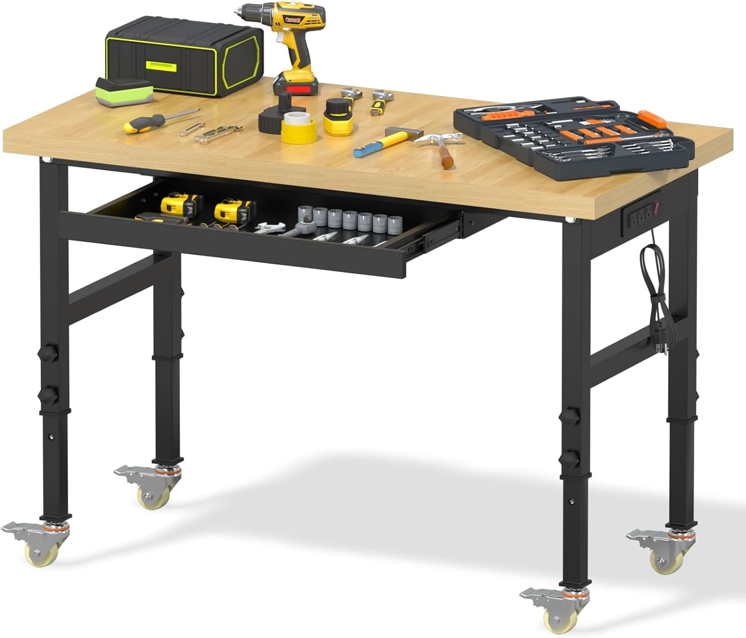 48" Work Bench with Drawers Portable Workbench with Wheels and Power Outlets