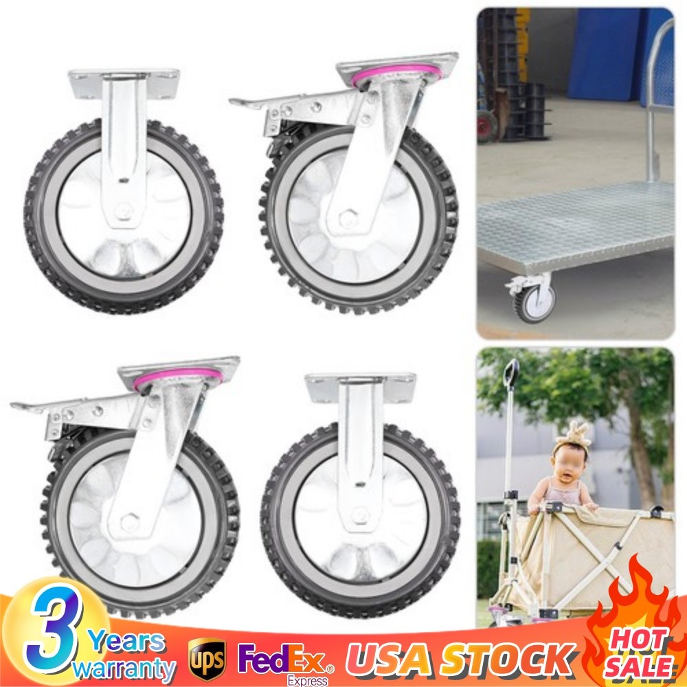 4PCS 8 Inch Dustproof Handling Wheels Fixed+Brake Heavy Duty Solid Caster Wheels