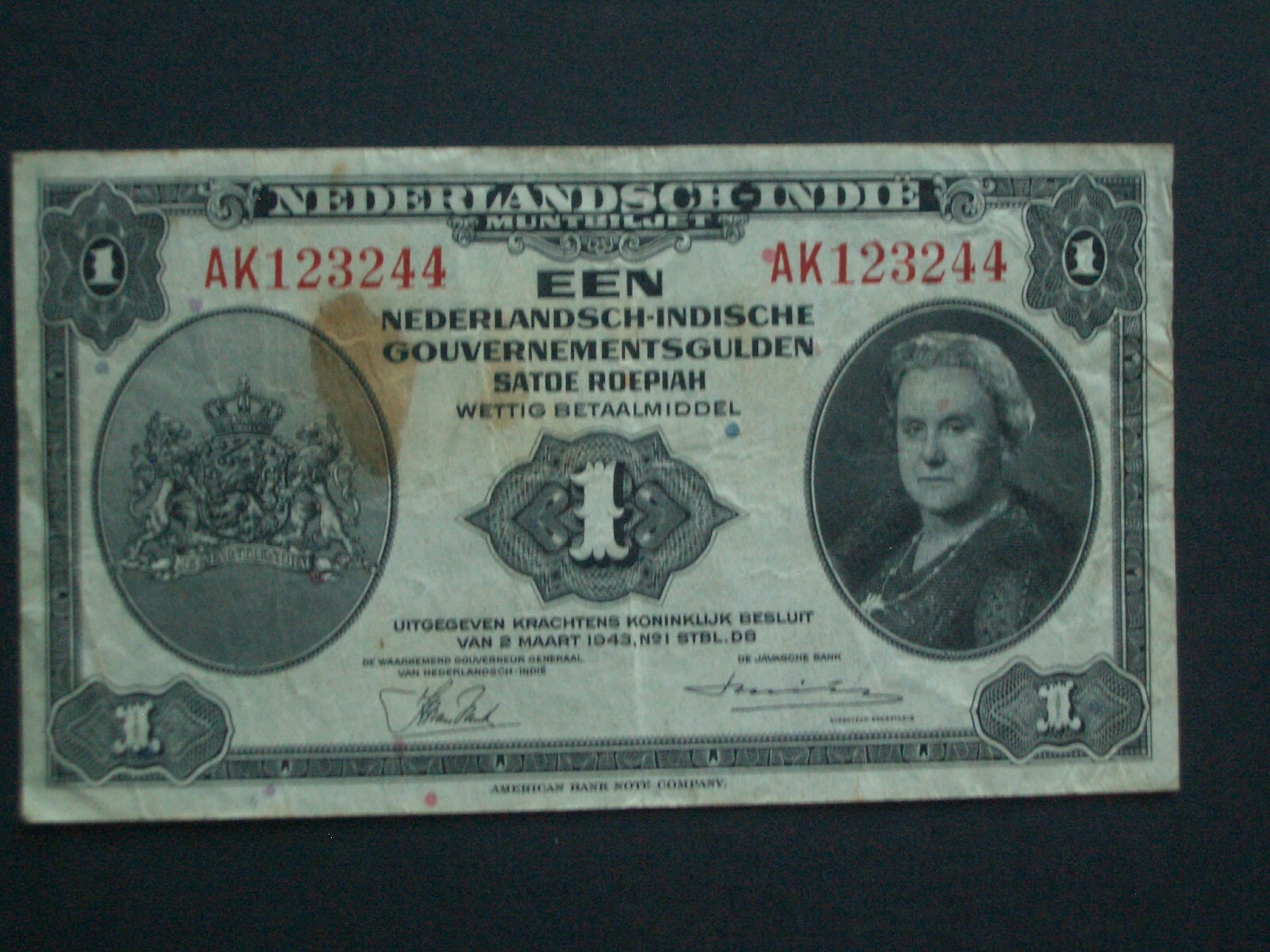 **** Crisp 1943  Netherlands-Indie(INDONESIA) 1 Gulden  Banknote***