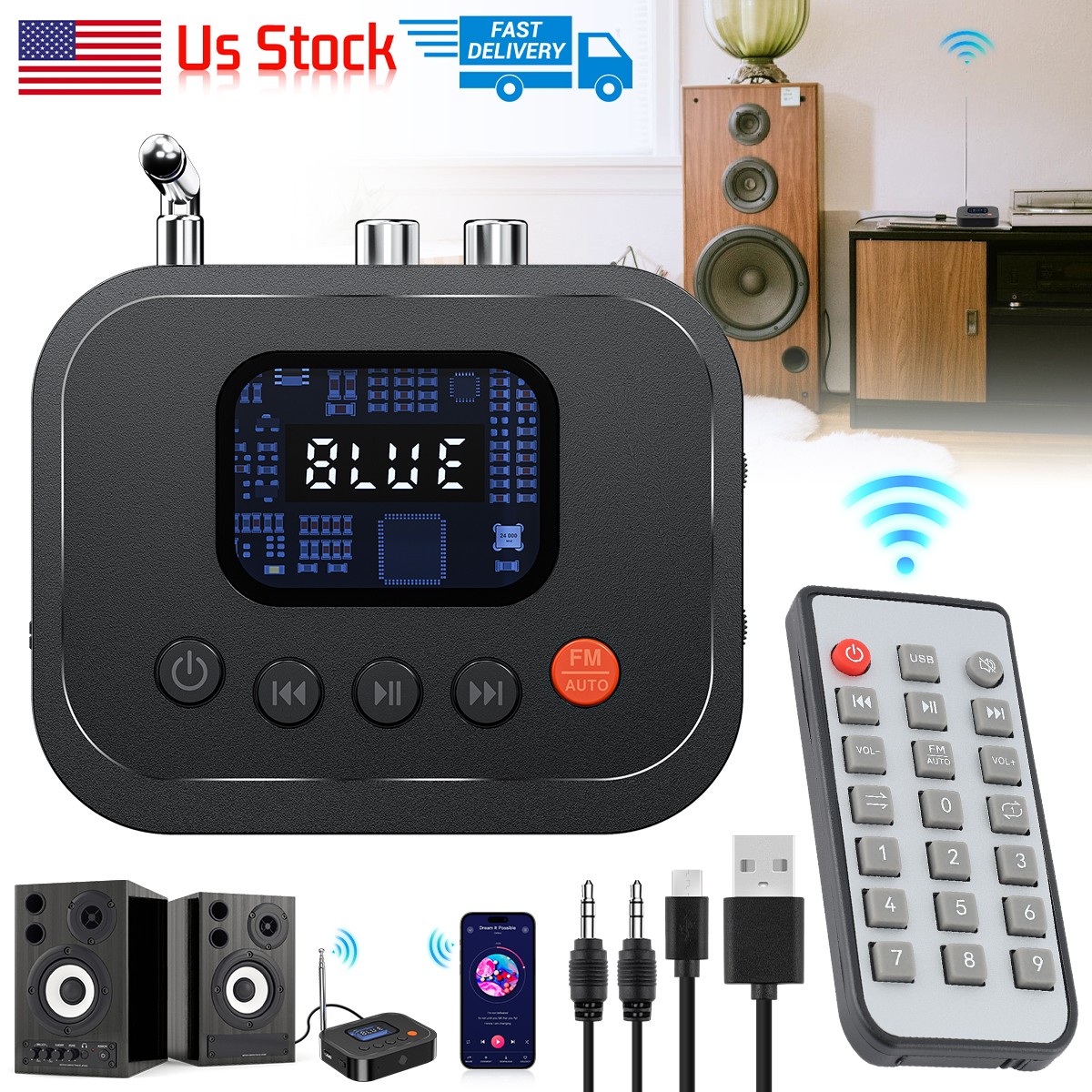 Bluetooth 6.0 Audio Receiver FM Radio 3.5Mm AUX RCA/USB/U Disk Bluetooth Adapter