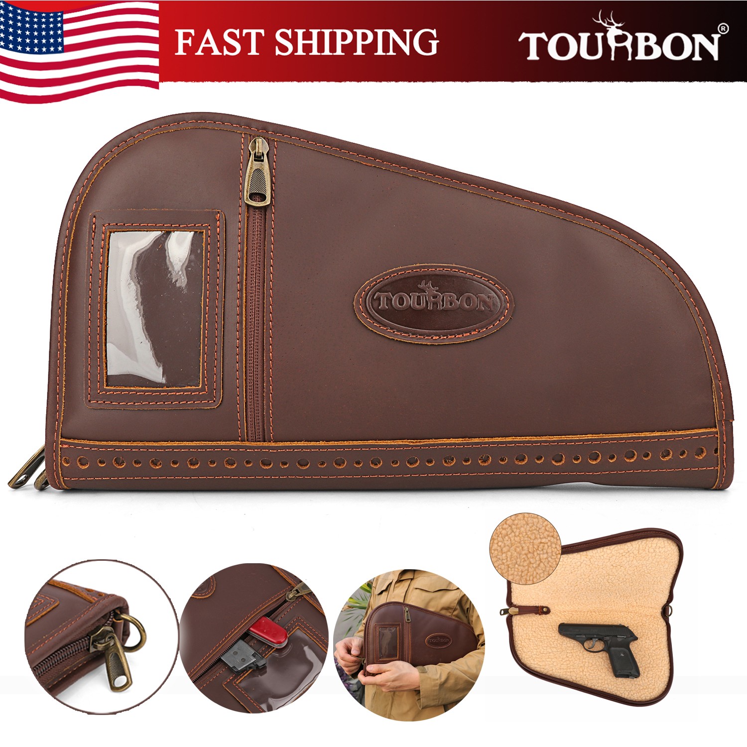 TOURBON Leather Pistol Padded Protect Bag Revolver Handgun Case w/Card Slot US