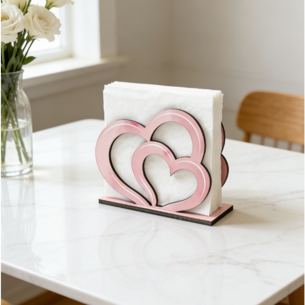 Sweet-Themed Wooden Napkin Holder with Pink Tone and Love Symbol Design