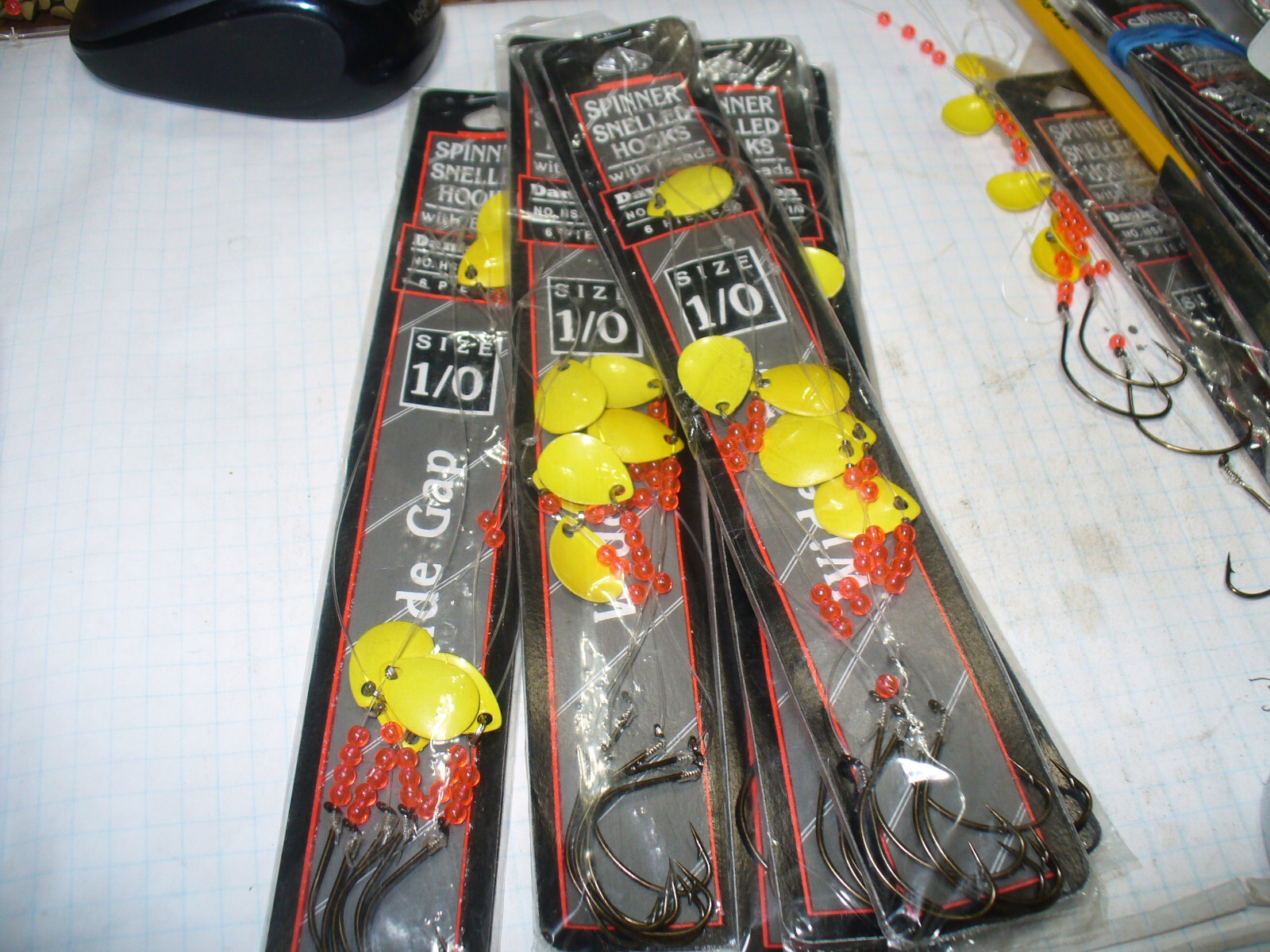 6-PACK (36 SNELLED  HOOKS)YELLOW FLICKER SPINNER SNELLED 1/0 KAHLE HOOKS
