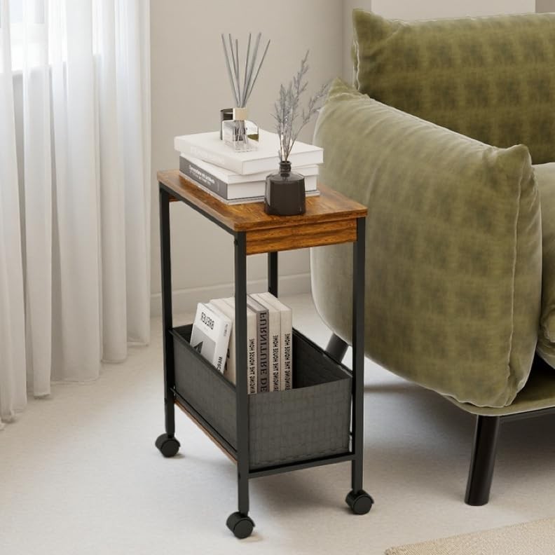 Rustic Brown Rolling Narrow Side End Table Wheels Storage Bin 15.75x9.84 Inch