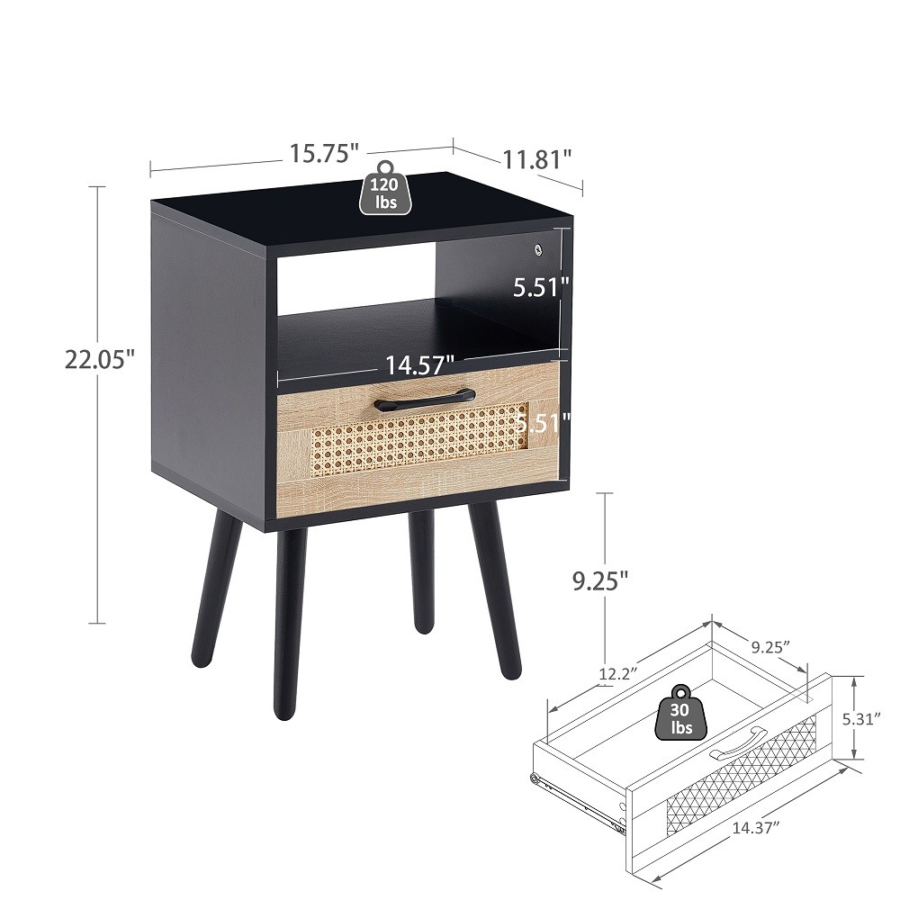 Rattan End Table with Drawer and Solid Wood Legs Modern Nightstand Side Table