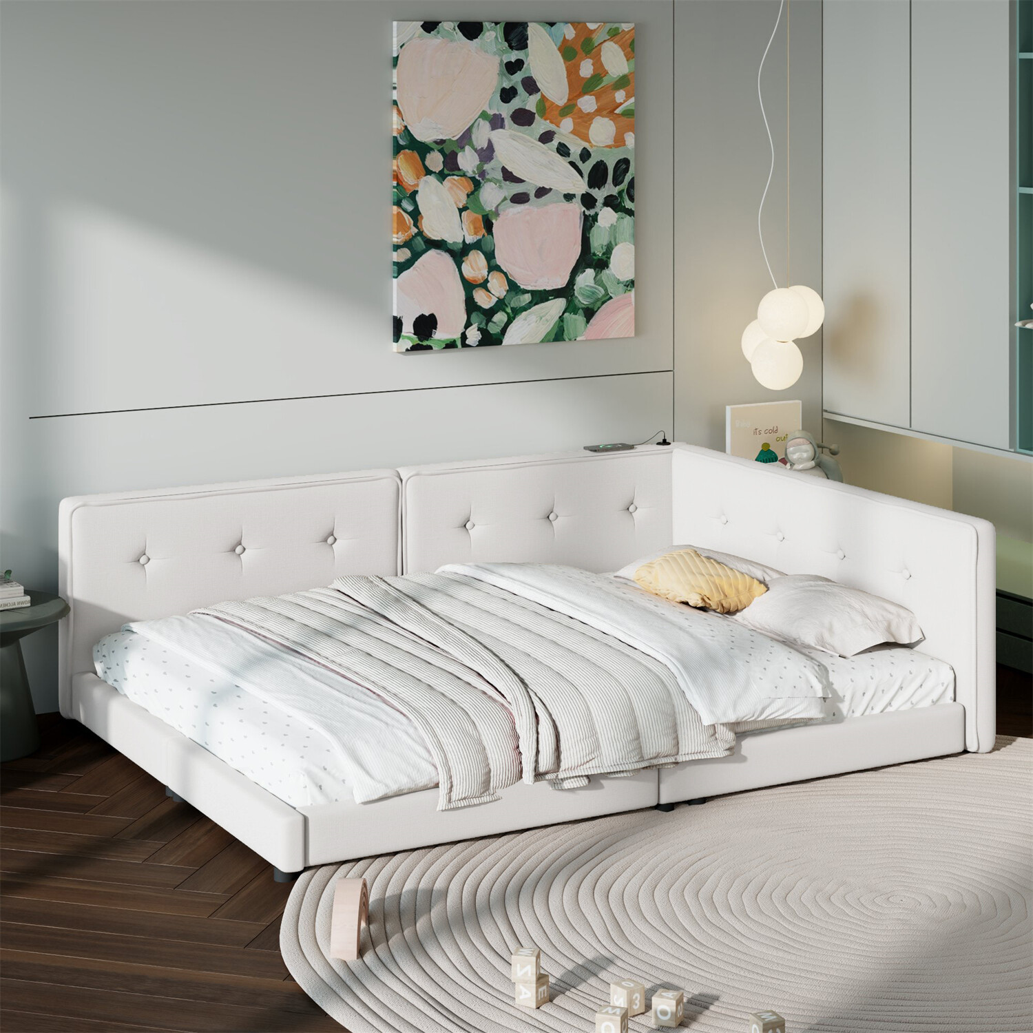 Full/Queen Size Bed Frame Upholstered Platform Bed with USB Ports Beige/Blue