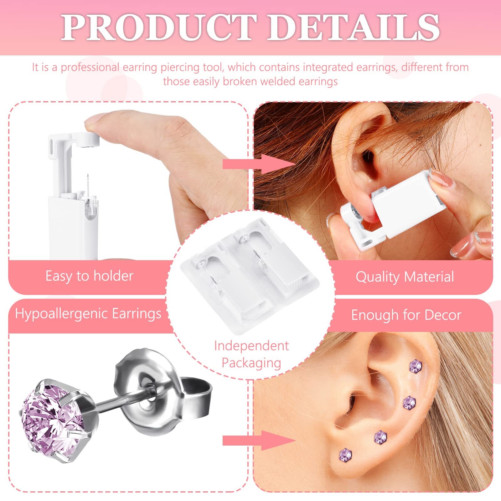 8 Pcs Self Ear Piercing Tool Disposable Ear Piercing Kit with Crystal Ear Studs