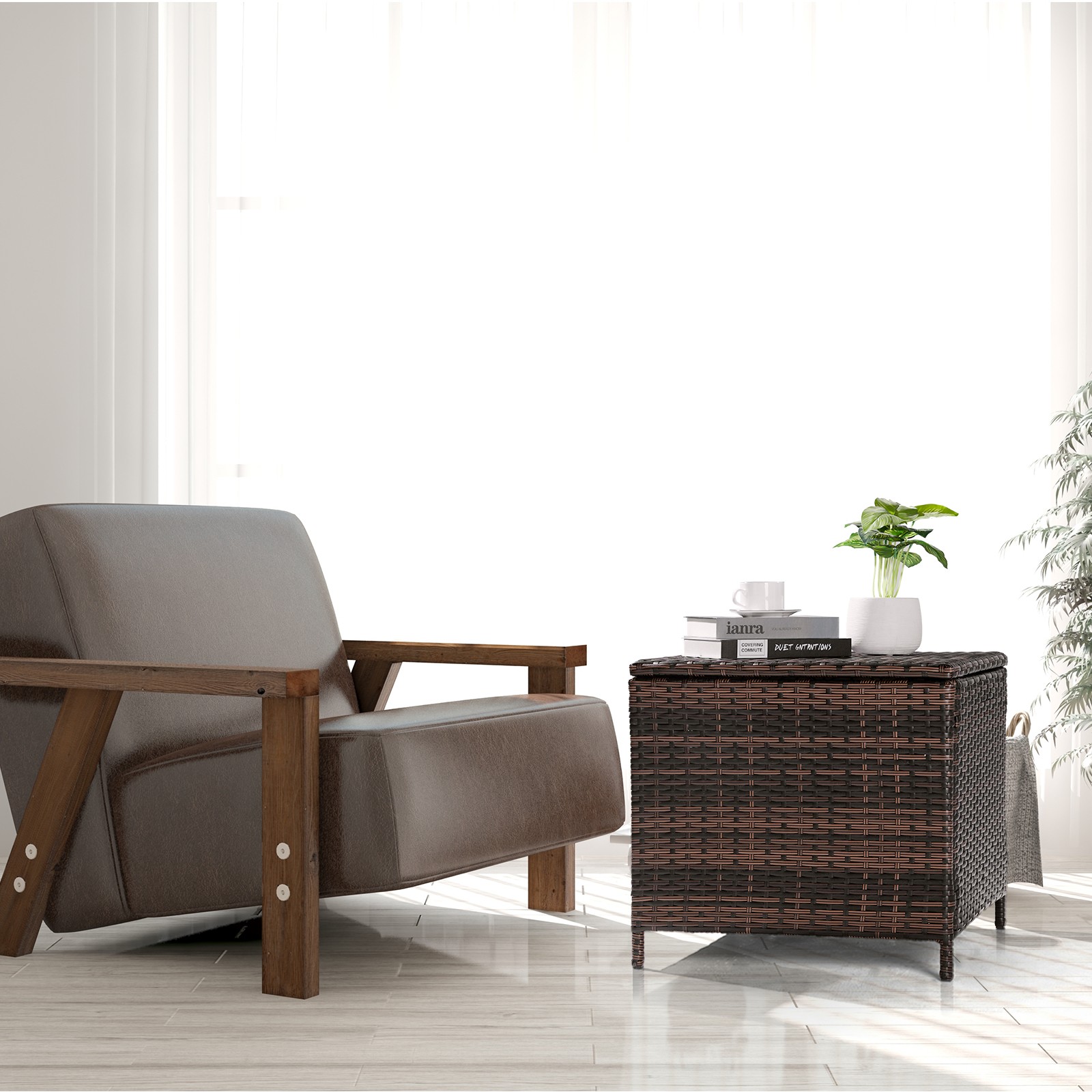 PE Wicker Side Table with Storage,Patio Rattan End Table Square Container
