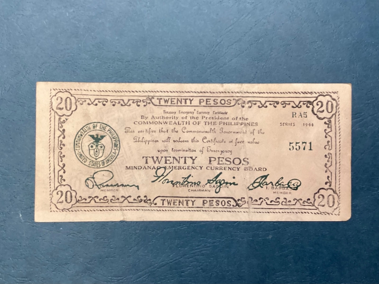 ~ 1944 Philippines 20 Pesos Mindanao Emergency Note - FREE US SHIPPNG