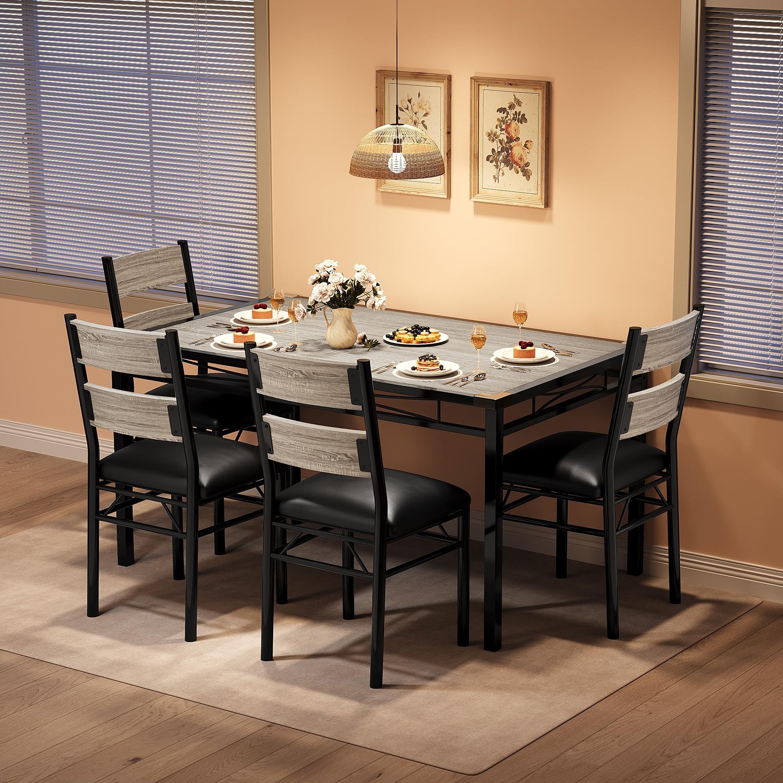 Dining Table and Chair Set for 4, Wooden Kitchen Table with 4 Upholstered Chairs