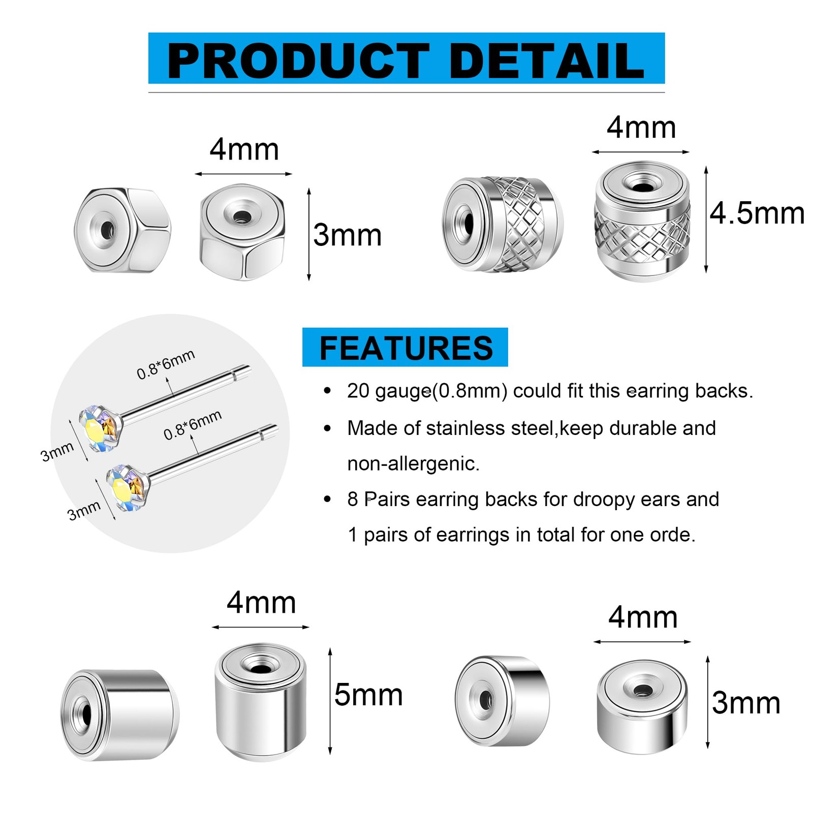 Flat Earring Backs Replacements Locking Pin Backs Earring Lifters Backs for E...