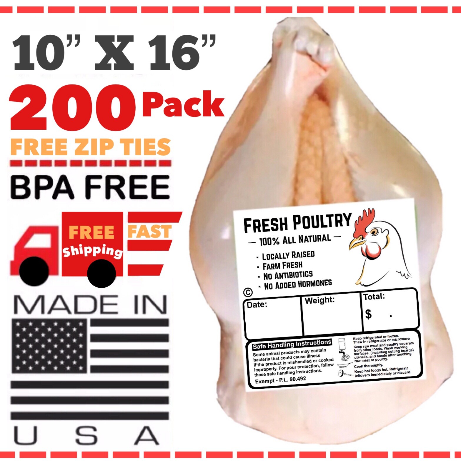 200 POULTRY SHRINK BAGS 10" X 16" POULTRY PROCESSING FREEZER SAFE US MADE