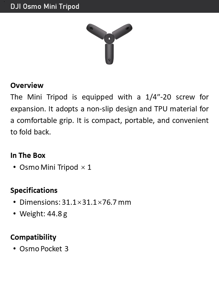 DJI Osmo Mini Tripod for Pocket 3 – Compact Foldable Stand, Non-Slip Grip