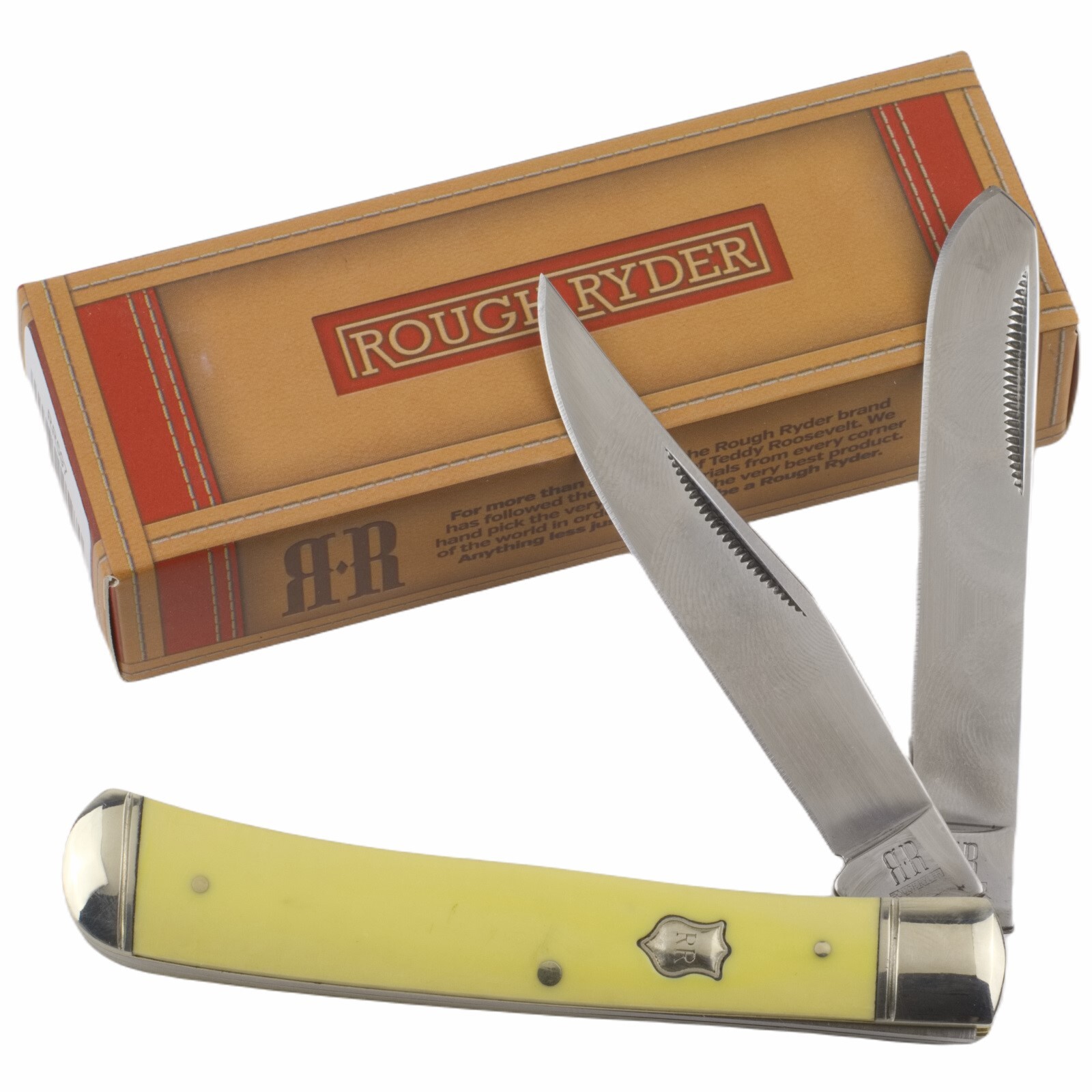 Rough Ryder Smooth Yellow Handles Trapper Pocket Knife RR597 2 Folding Blades