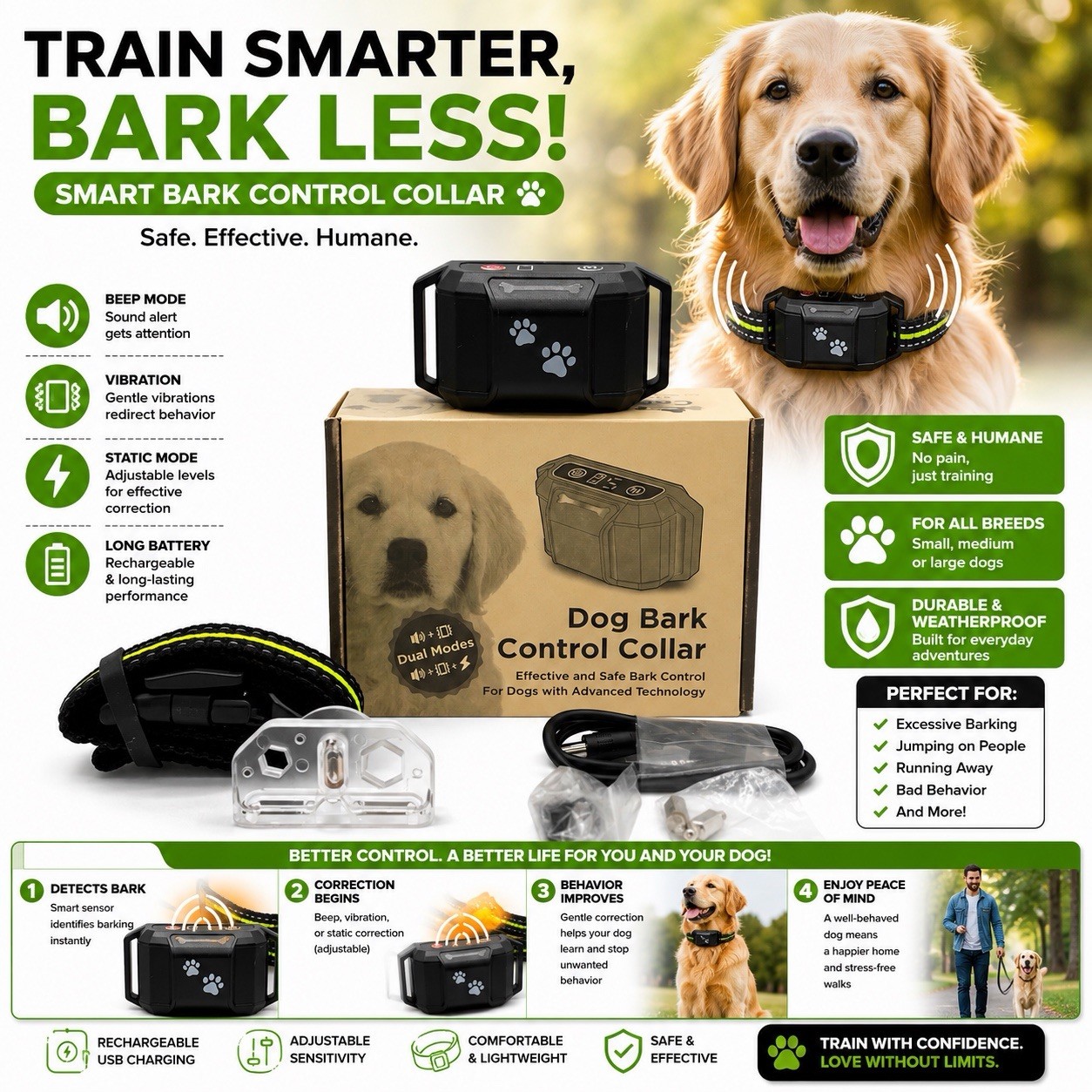 Smart Bark Control Collar Rechargeable Beep Vibration Static/Shock for S/M/L