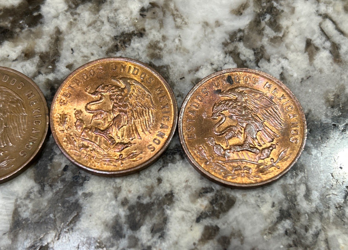 Set Of 5 20 Centavos Mexican Coins (1944, 1960, 1965, And Two 1968), Circulated