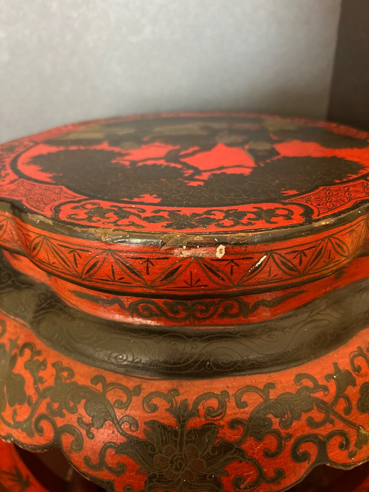Antique 1920s Ming Dynasty Style Stool Black and Red Lacquer