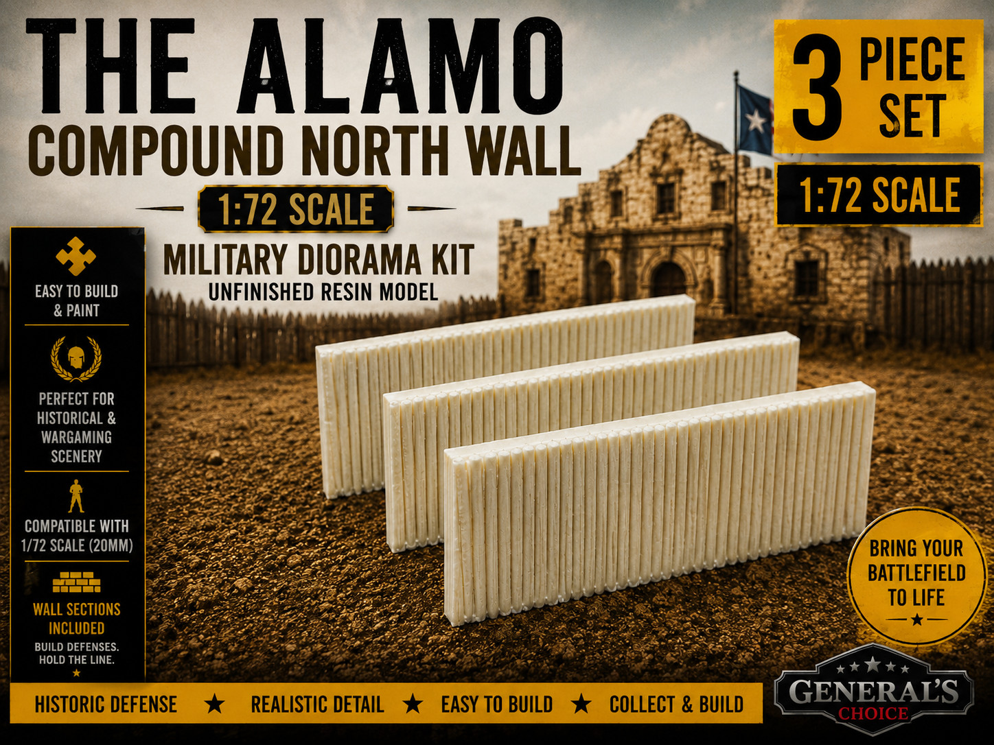 1/72 Scale Alamo Compound North Wall Terrain Wargaming or Diorama 3pcs