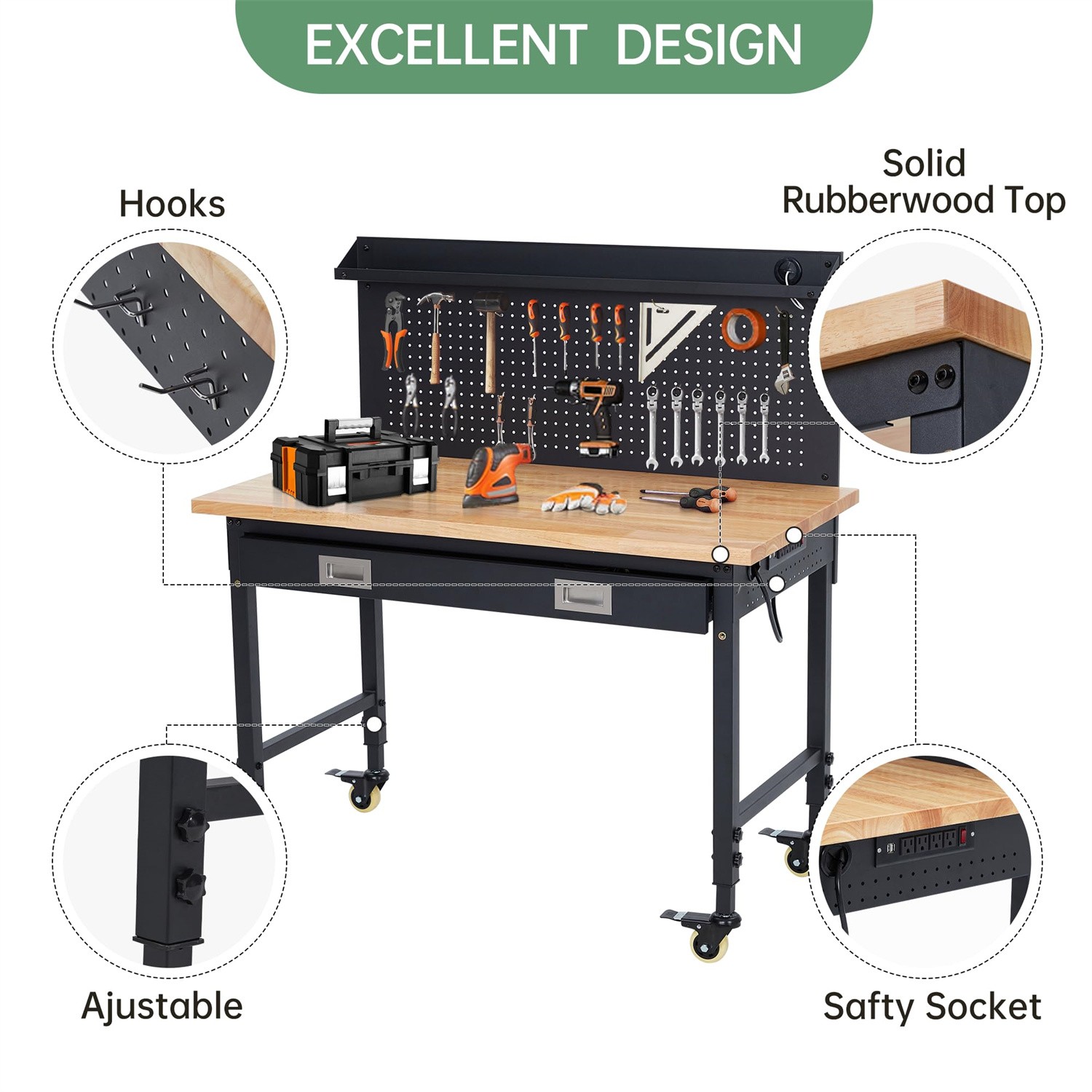 48" Work Benches for Garage Adjustable Workbench Wheels Pegboard Drawers 2000L