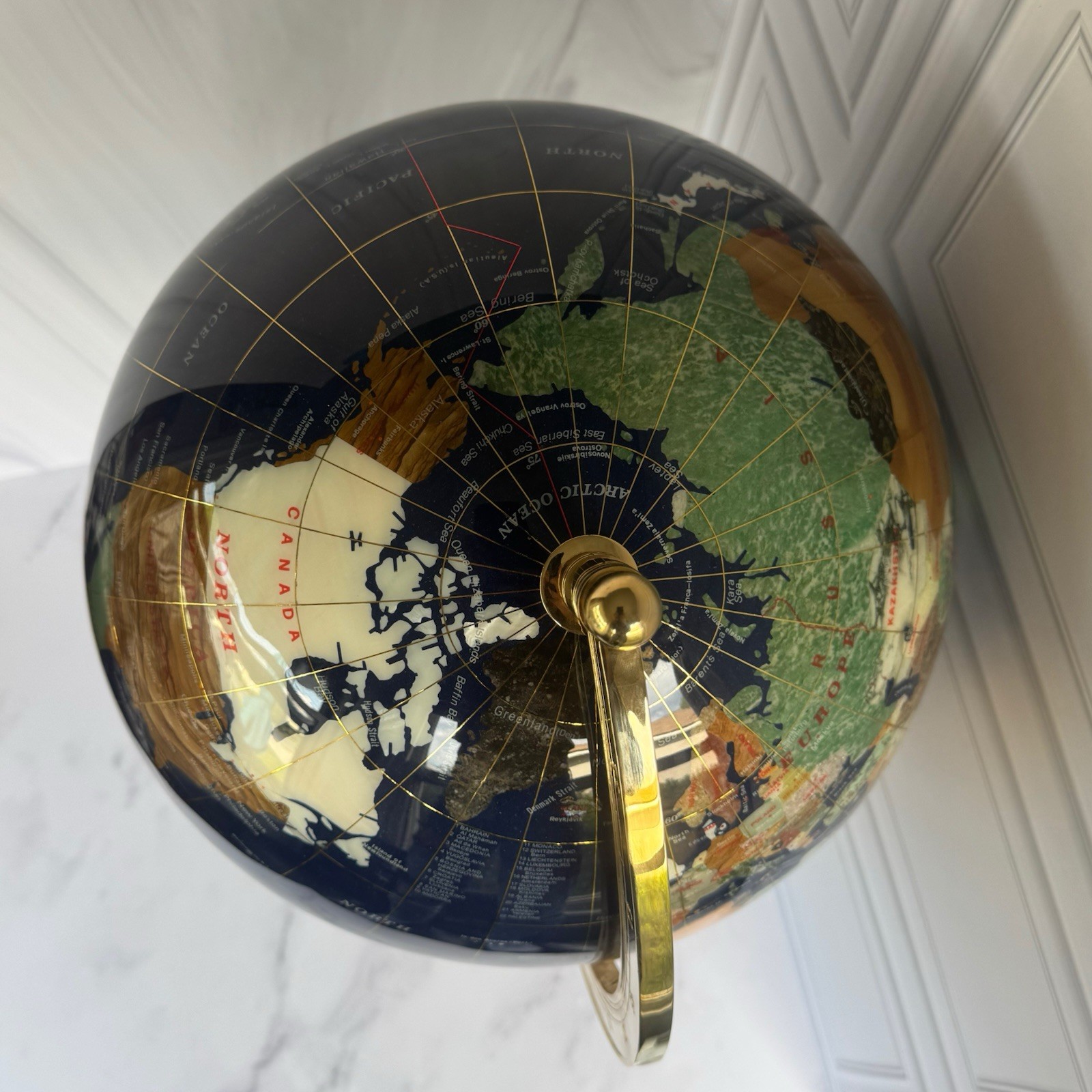🌍 Large Semi-Precious Stone World Globe on Brass Stand