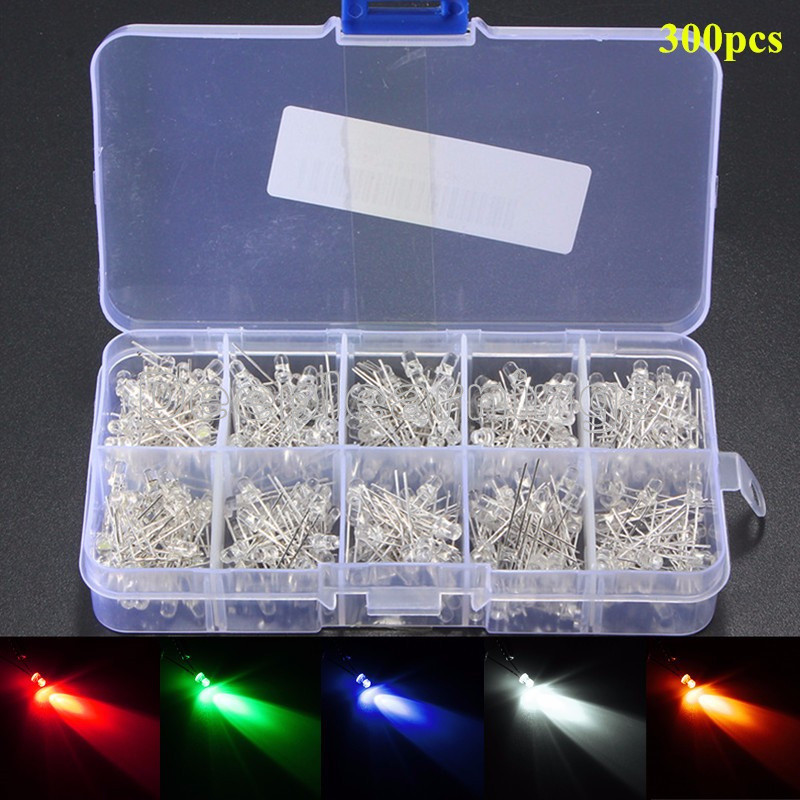 300pcs Mix 3mm Blue Red Yellow Green Round Light Emitting LED Diode Assorted