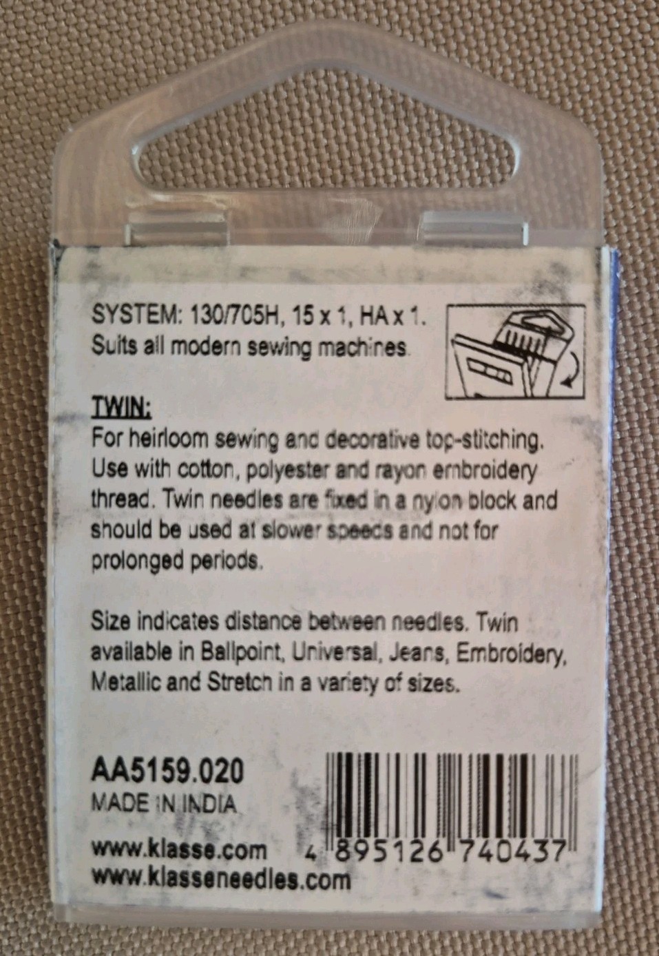 Klasse Twin Metallic Needle 1pc Medium 2.0 0mm NOS